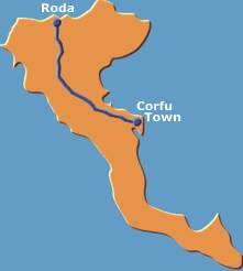 Map of Corfu, Greece showing distance from Corfu Town to Pegasus Hotel in Roda